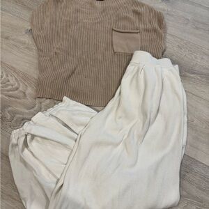 Tan Ribbed Top and Cream Pants Set